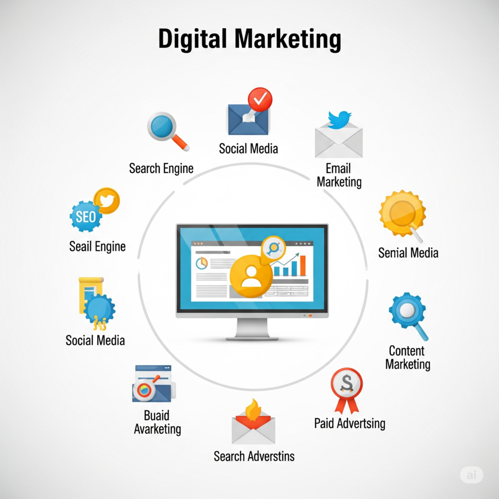 llustration showing digital marketing concepts like website, social media, search engine, and online promotion